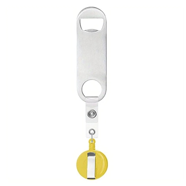 Stainless steel bottle opener with badge reel and 1 color silkscreen... from ASI 37218 Athena Promo (tm)