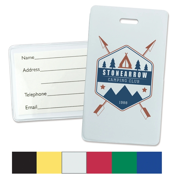Custom printed, brightly colored luggage tag holders made from semi-rigid vinyl... from ASI 79898 Promovision / PROMOVISION