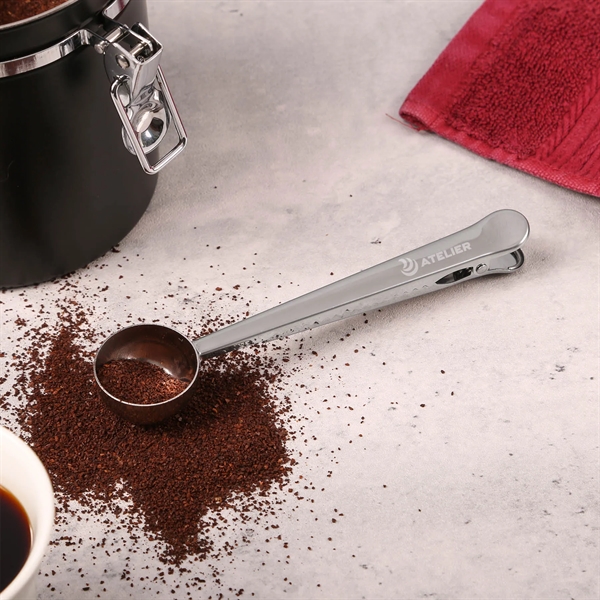 Daybreak Stainless Steel Coffee Scoop/Clip: 2-in-1 tool for coffee precision.... from ASI 61966 HPG / Beacon Promotions