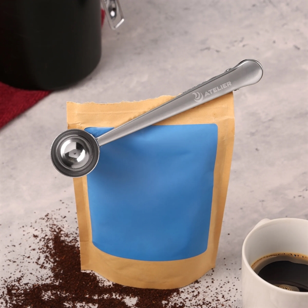 Daybreak Stainless Steel Coffee Scoop/Clip: 2-in-1 tool for coffee precision.... from ASI 61966 HPG / Beacon Promotions