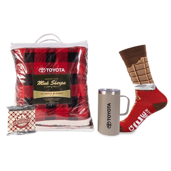 Blanket, mug, hot cocoa and socks in a gift tray... from ASI 44900 NC Custom (CI/Lanco) / Lanco