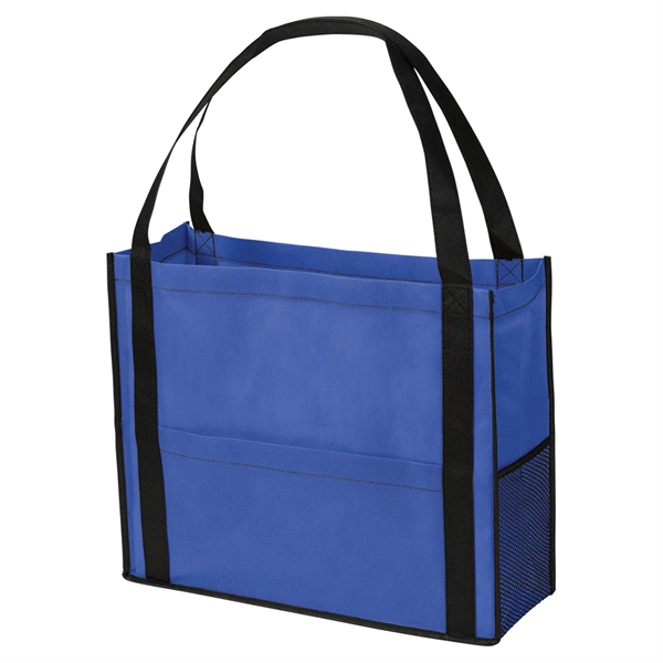 Non-woven tote bag with gusset, two-tone design, black handles, piping and... from ASI 52840 Evans Manufacturing