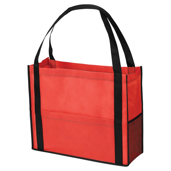 Non-woven tote bag with gusset, two-tone design, black handles, piping and... from ASI 52840 Evans Manufacturing