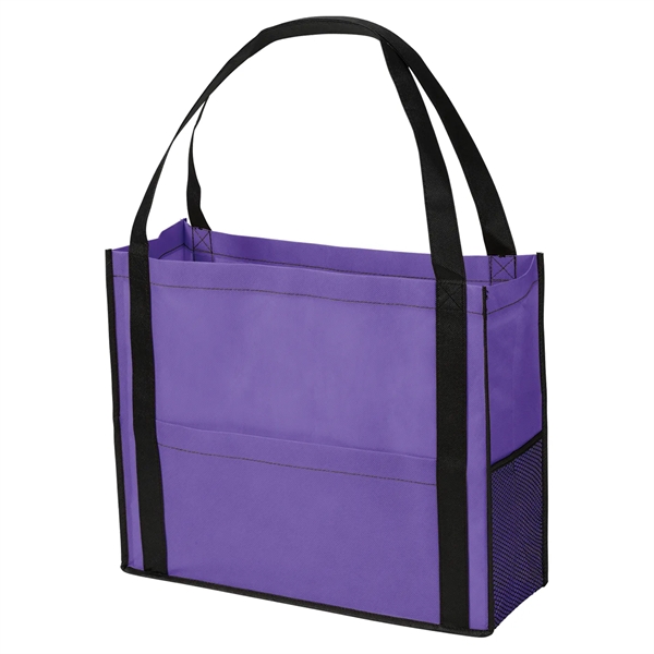 Non-woven tote bag with gusset, two-tone design, black handles, piping and... from ASI 52840 Evans Manufacturing