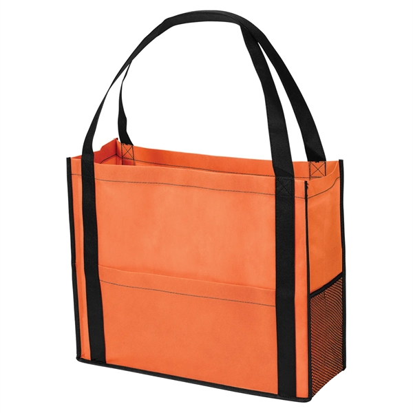 Non-woven tote bag with gusset, two-tone design, black handles, piping and... from ASI 52840 Evans Manufacturing