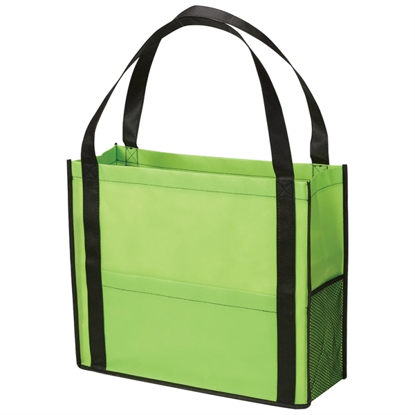 Non-woven tote bag with gusset, two-tone design, black handles, piping and... from ASI 52840 Evans Manufacturing