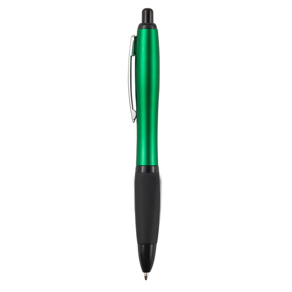 Retractable ballpoint pen with black soft rubber grip, metallic-colored barrel and... from ASI 52840 Evans Manufacturing