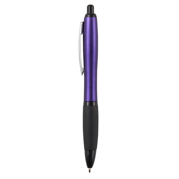 Retractable ballpoint pen with black soft rubber grip, metallic-colored barrel and... from ASI 52840 Evans Manufacturing