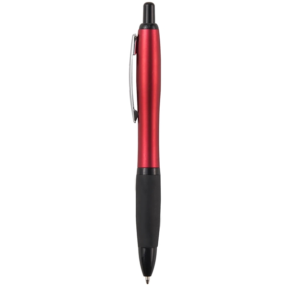Retractable ballpoint pen with black soft rubber grip, metallic-colored barrel and... from ASI 52840 Evans Manufacturing