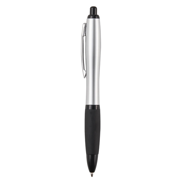 Retractable ballpoint pen with black soft rubber grip, metallic-colored barrel and... from ASI 52840 Evans Manufacturing