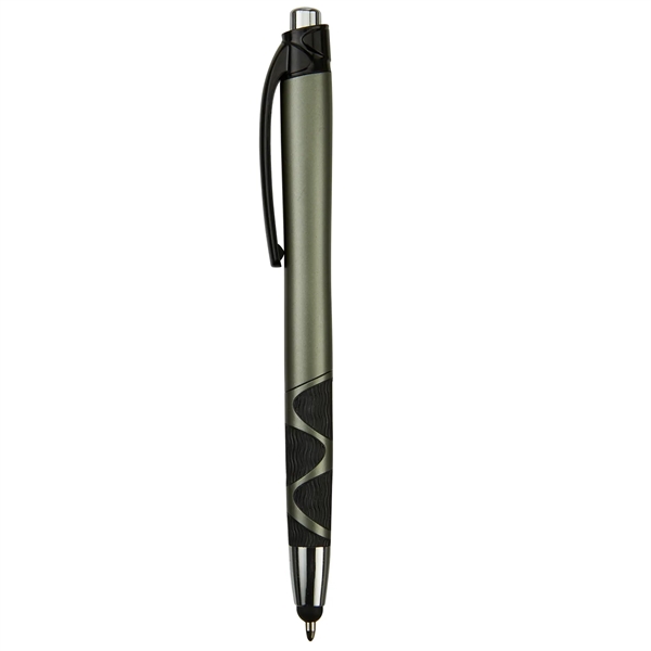 Retractable ballpoint pen with stylus, matte metallic colored barrel, black rubber... from ASI 52840 Evans Manufacturing