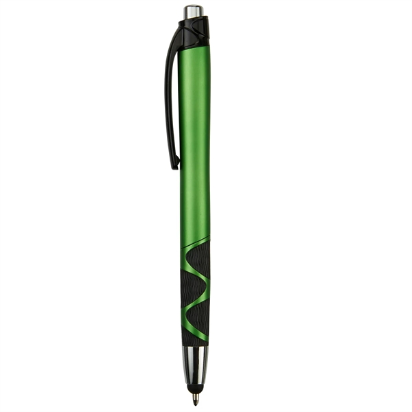 Retractable ballpoint pen with stylus, matte metallic colored barrel, black rubber... from ASI 52840 Evans Manufacturing