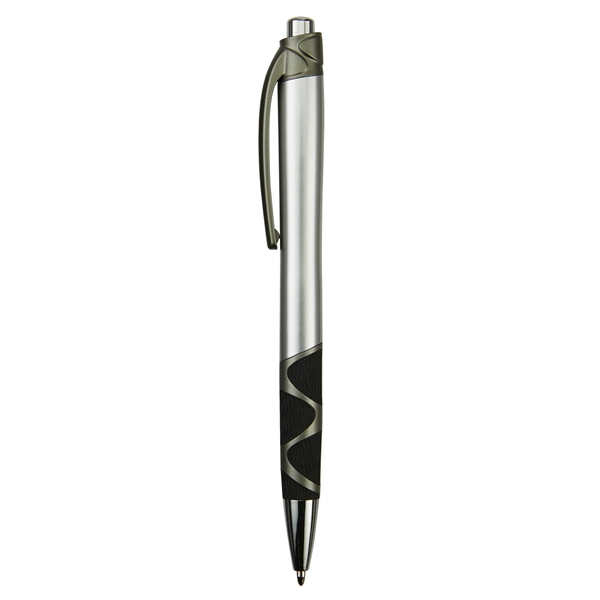 Retractable ballpoint pen with silver barrel, black rubber grip, black ink... from ASI 52840 Evans Manufacturing