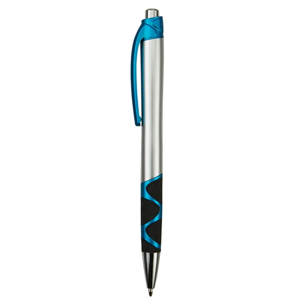 Retractable ballpoint pen with silver barrel, black rubber grip, black ink... from ASI 52840 Evans Manufacturing