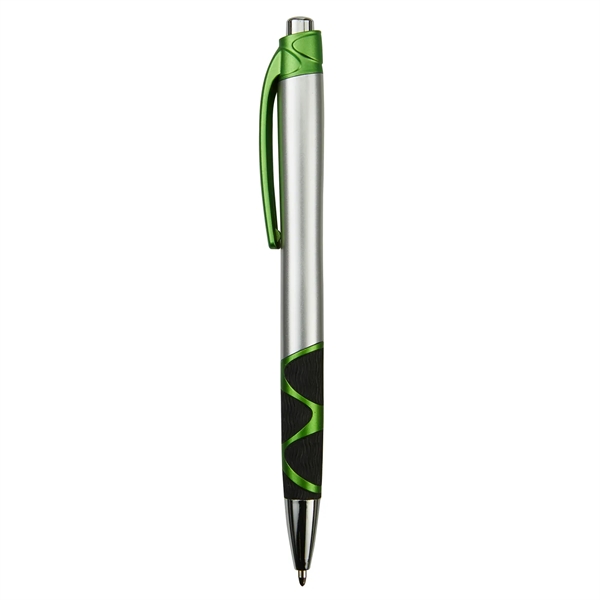 Retractable ballpoint pen with silver barrel, black rubber grip, black ink... from ASI 52840 Evans Manufacturing