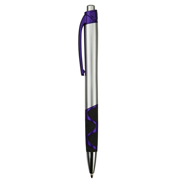 Retractable ballpoint pen with silver barrel, black rubber grip, black ink... from ASI 52840 Evans Manufacturing