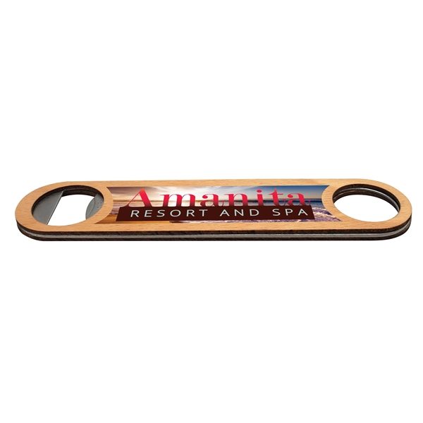 5.8" x 1.5" beechwood bottle opener with a metal core and... from ASI 72521 Morris Magnets / Laser Cuts