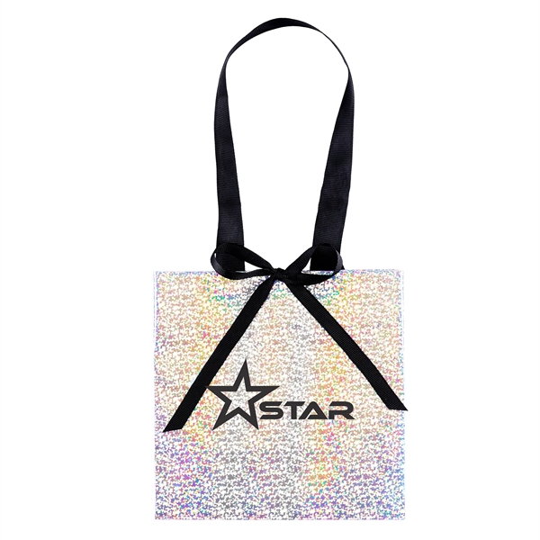 157 GSM iridescent-silver paper totes with a color-shifting, reflective finish, paired... from ASI 37940 Bag Makers Inc