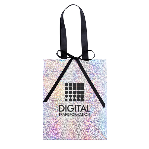 157 GSM iridescent-silver paper totes with a color-shifting, reflective finish, paired... from ASI 37940 Bag Makers Inc
