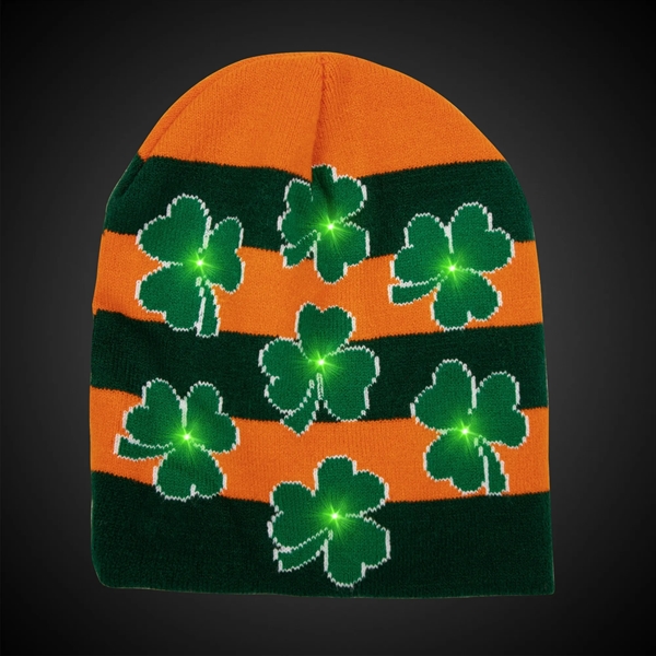 Orange and green striped beanie with clover LED lights.... from ASI 42016 Brighter Promotions Inc
