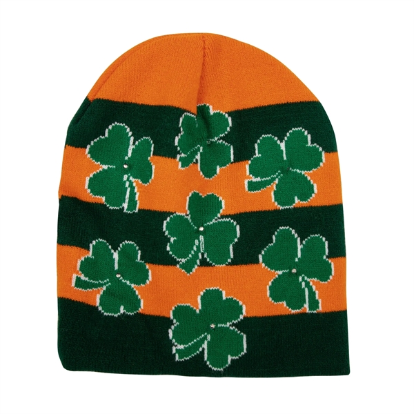 Orange and green striped beanie with clover LED lights.... from ASI 42016 Brighter Promotions Inc