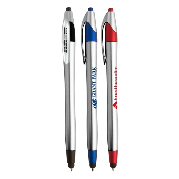 Hourglass-shaped ballpoint pen with matte metallic plunger that acts as a... from ASI 52840 Evans Manufacturing