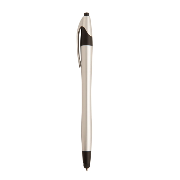 Hourglass-shaped ballpoint pen with matte metallic plunger that acts as a... from ASI 52840 Evans Manufacturing