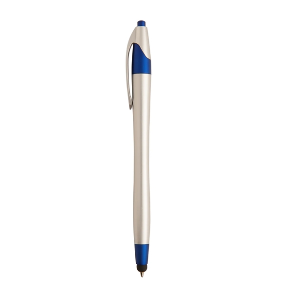 Hourglass-shaped ballpoint pen with matte metallic plunger that acts as a... from ASI 52840 Evans Manufacturing