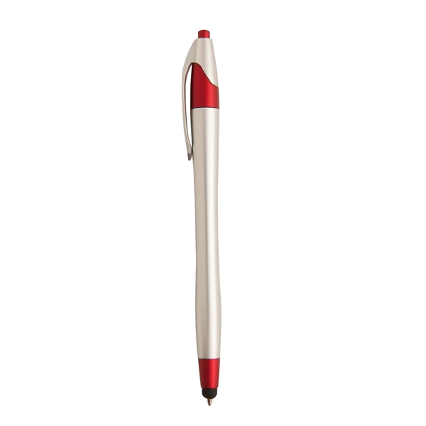 Hourglass-shaped ballpoint pen with matte metallic plunger that acts as a... from ASI 52840 Evans Manufacturing