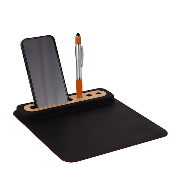 Mousepad made with PU leather, phone slot, pen holder and bamboo... from ASI 88060 Snugz/USA Inc