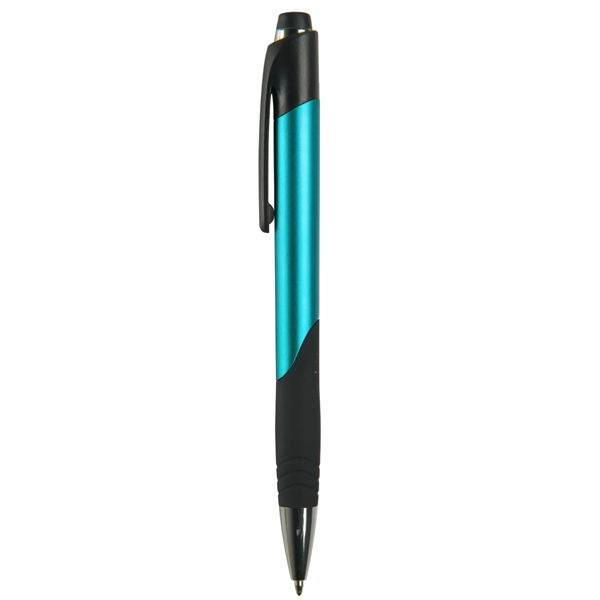 Ballpoint pen with metallic colored barrel, chrome and black ferrule and... from ASI 52840 Evans Manufacturing