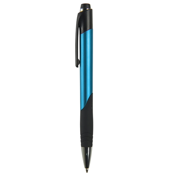 Ballpoint pen with metallic colored barrel, chrome and black ferrule and... from ASI 52840 Evans Manufacturing