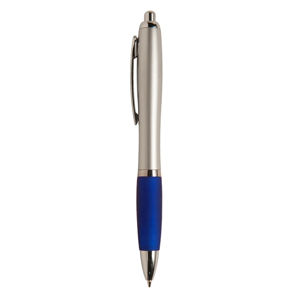 Retractable ballpoint pen with soft rubber grip, silver barrel and black... from ASI 52840 Evans Manufacturing