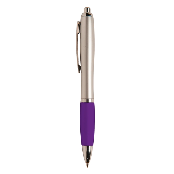 Retractable ballpoint pen with soft rubber grip, silver barrel and black... from ASI 52840 Evans Manufacturing