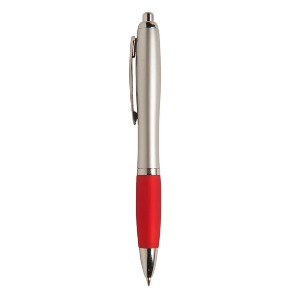 Retractable ballpoint pen with soft rubber grip, silver barrel and black... from ASI 52840 Evans Manufacturing