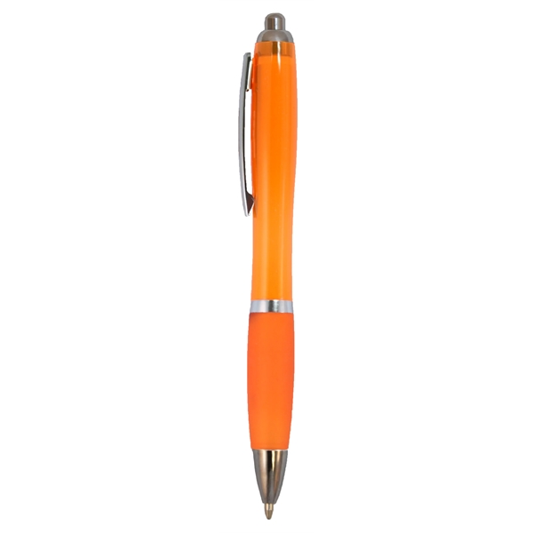 Soft rubber grip ballpoint pen features a translucent colored barrel with... from ASI 52840 Evans Manufacturing