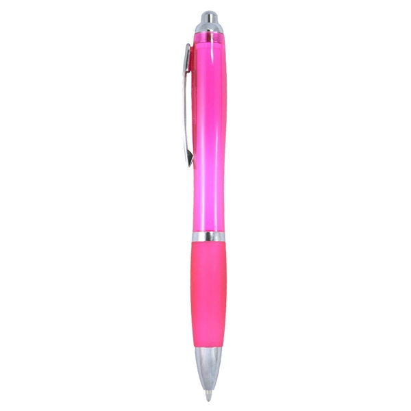 Soft rubber grip ballpoint pen features a translucent colored barrel with... from ASI 52840 Evans Manufacturing