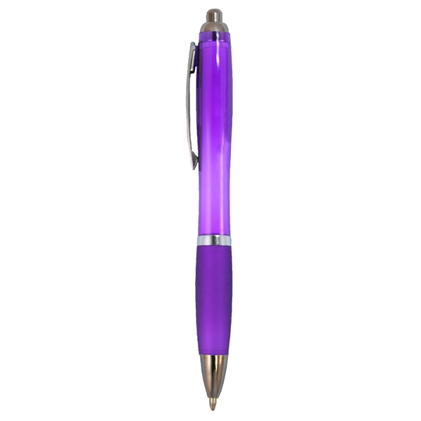 Soft rubber grip ballpoint pen features a translucent colored barrel with... from ASI 52840 Evans Manufacturing
