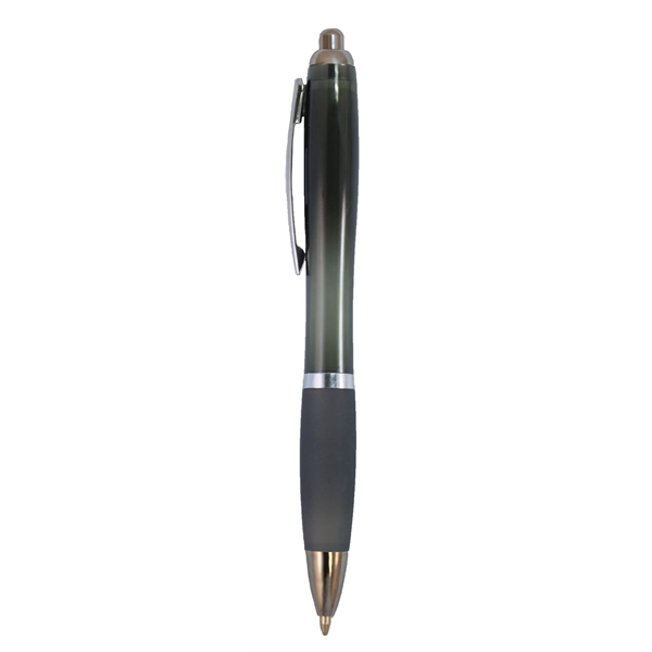 Soft rubber grip ballpoint pen features a translucent colored barrel with... from ASI 52840 Evans Manufacturing