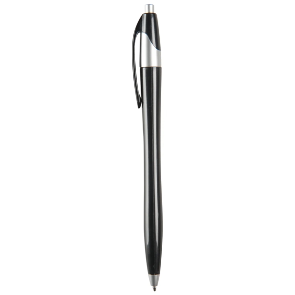 Hourglass shaped ballpoint pen with metallic barrel and silver ferrule.... from ASI 52840 Evans Manufacturing