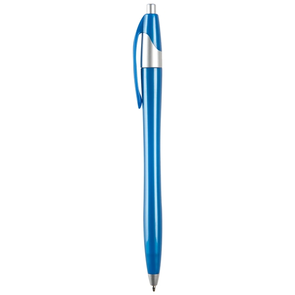 Hourglass shaped ballpoint pen with metallic barrel and silver ferrule.... from ASI 52840 Evans Manufacturing