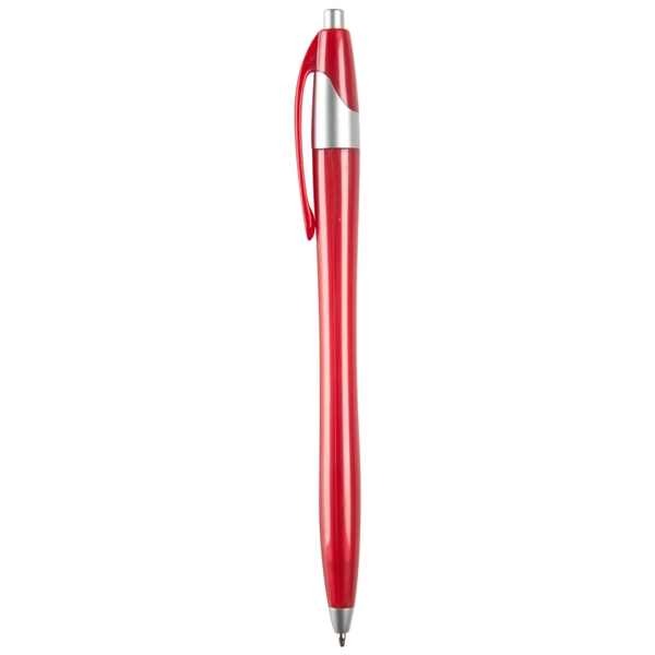 Hourglass shaped ballpoint pen with metallic barrel and silver ferrule.... from ASI 52840 Evans Manufacturing