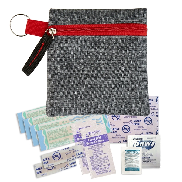 Mini first aid kit with colored accent and split-ring holds latex... from ASI 52840 Evans Manufacturing