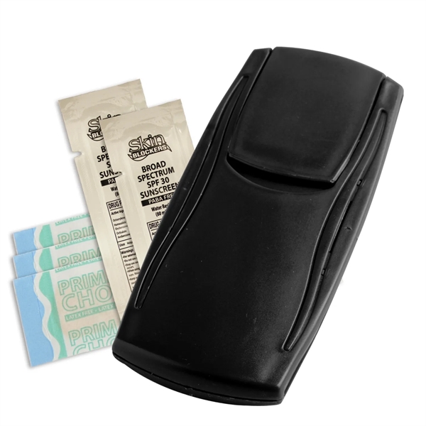 Outdoor first aid kit with bandages and sunscreen packets.... from ASI 52840 Evans Manufacturing