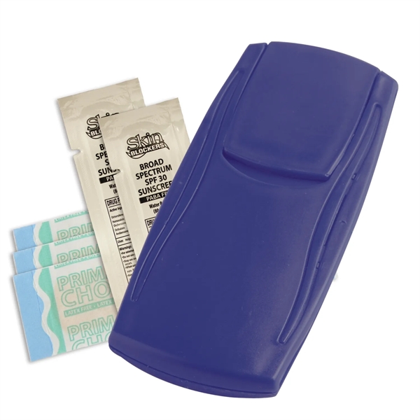 Outdoor first aid kit with bandages and sunscreen packets.... from ASI 52840 Evans Manufacturing