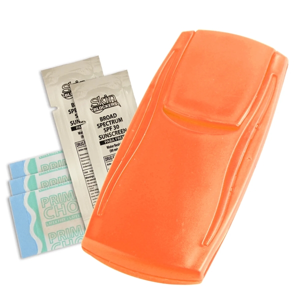 Outdoor first aid kit with bandages and sunscreen packets.... from ASI 52840 Evans Manufacturing