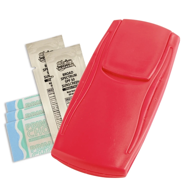 Outdoor first aid kit with bandages and sunscreen packets.... from ASI 52840 Evans Manufacturing