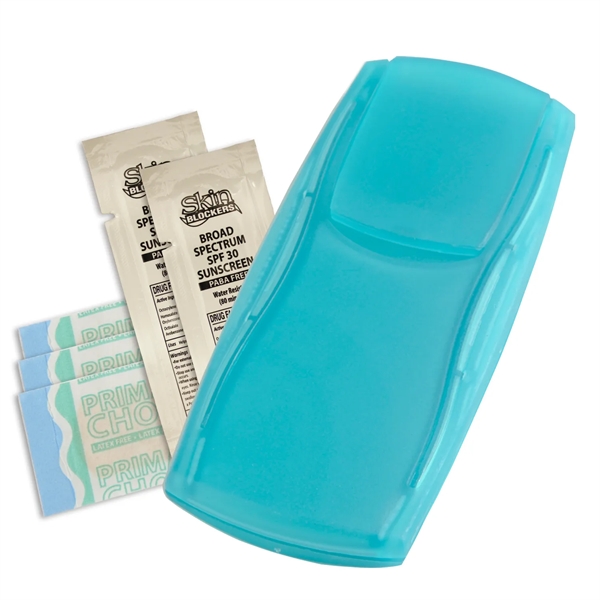 Outdoor first aid kit with bandages and sunscreen packets.... from ASI 52840 Evans Manufacturing