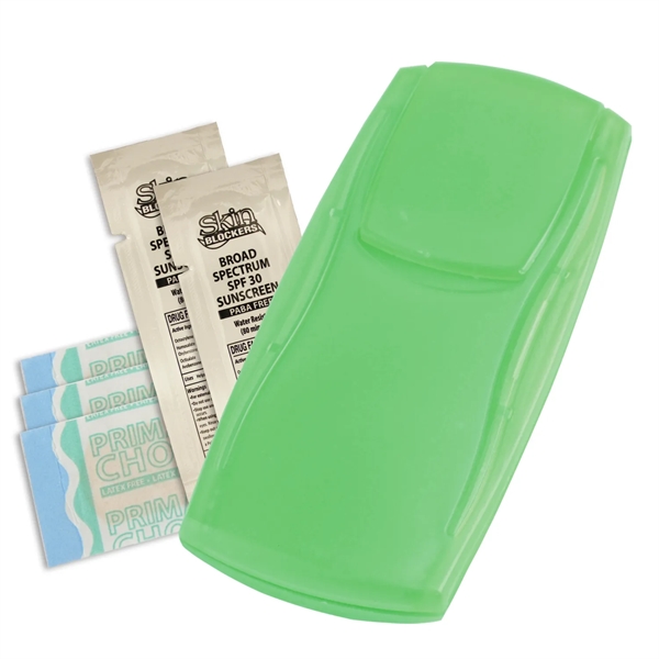 Outdoor first aid kit with bandages and sunscreen packets.... from ASI 52840 Evans Manufacturing