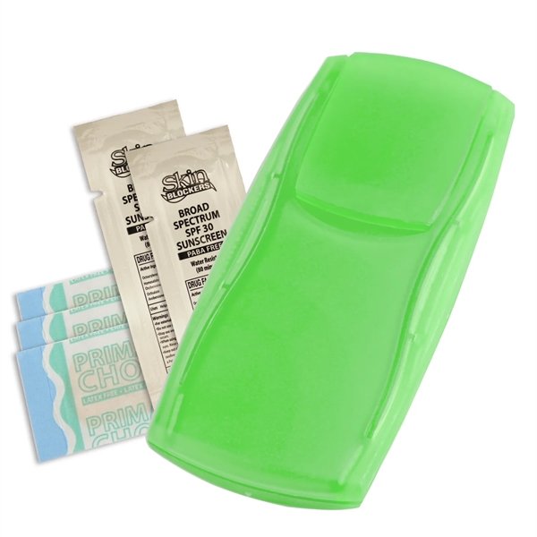 Outdoor first aid kit with bandages and sunscreen packets.... from ASI 52840 Evans Manufacturing
